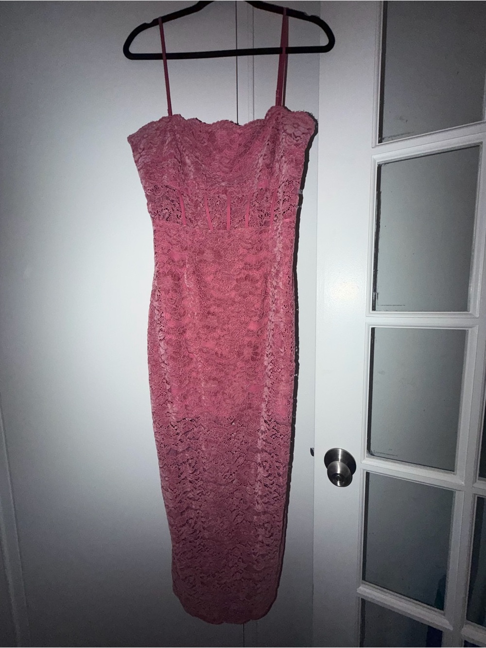 SAYLOR Dusty Rose Strapless Lace Midi Dress